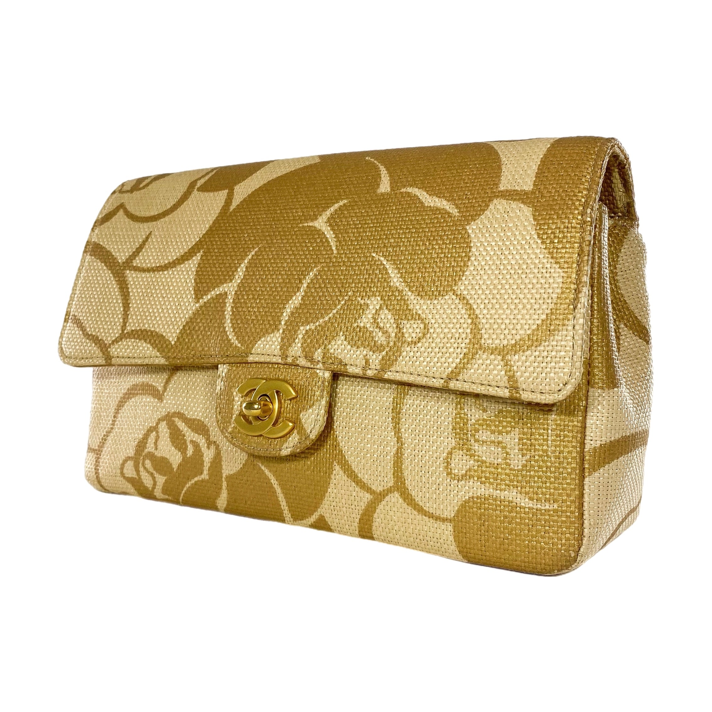 Chanel Camellia Print Medium Raffia Flap Bag