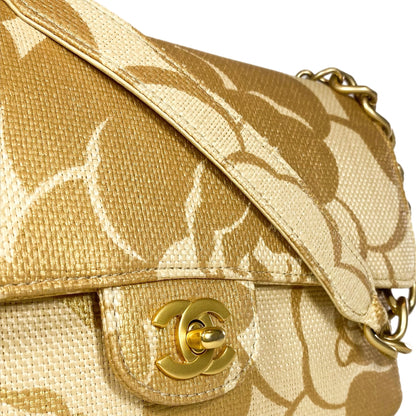 Chanel Camellia Print Medium Raffia Flap Bag