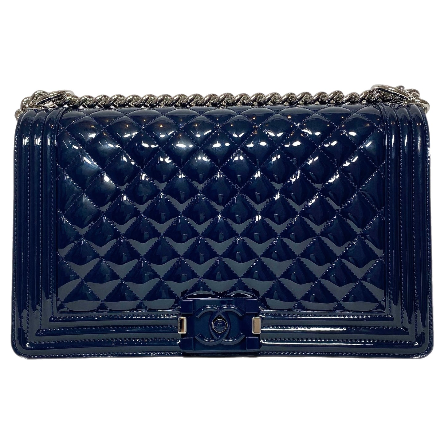 Chanel Navy Patent Old Medium Boy Bag