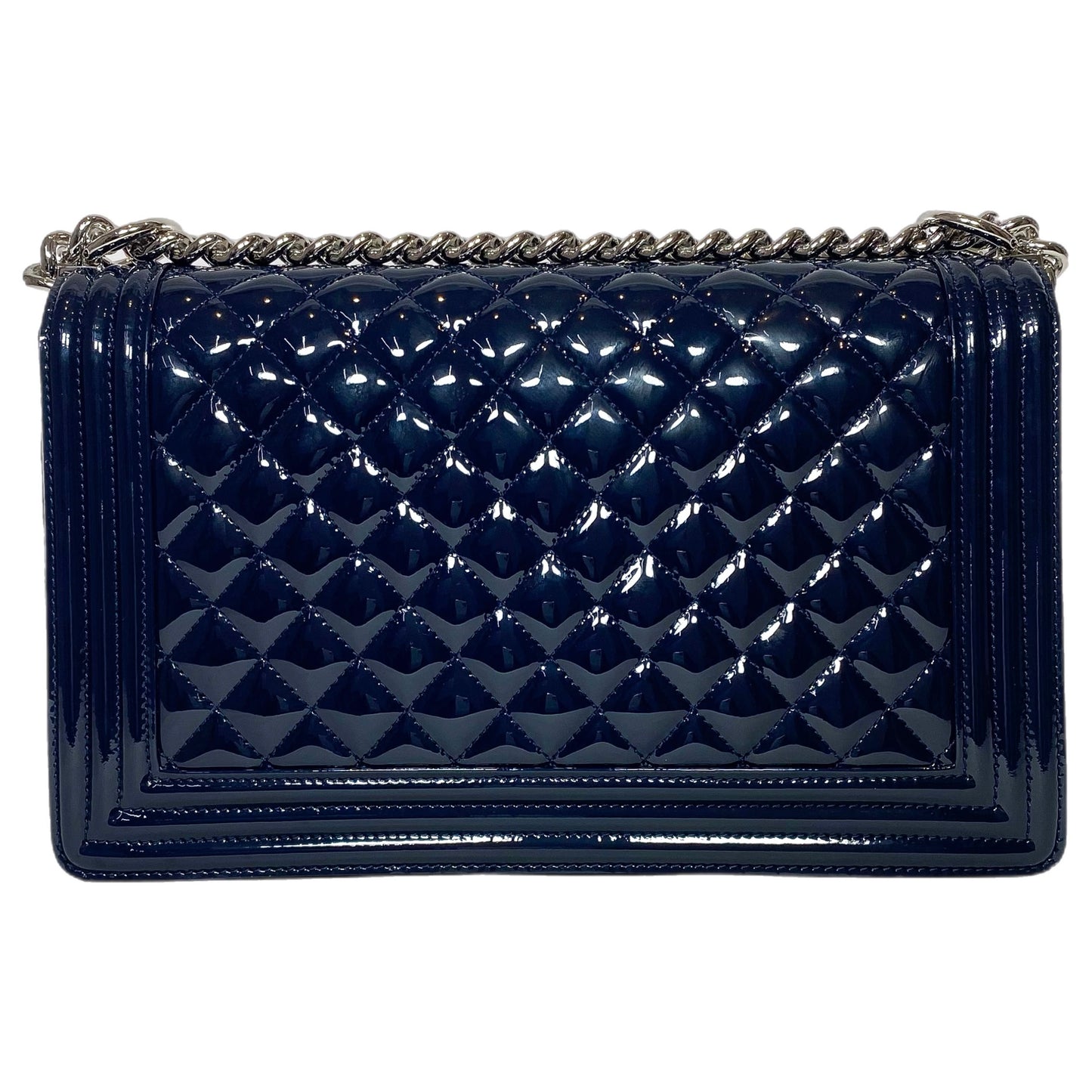 Chanel Navy Patent Old Medium Boy Bag