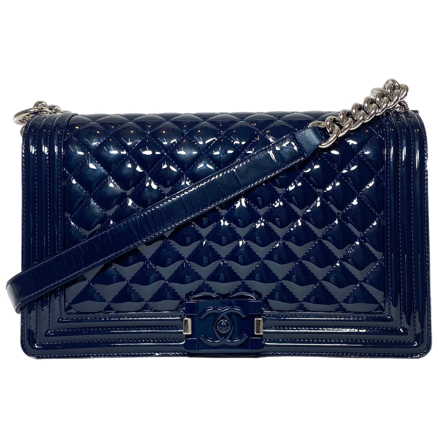Chanel Navy Patent Old Medium Boy Bag