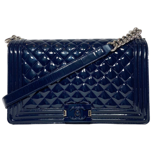 Chanel Navy Patent Old Medium Boy Bag