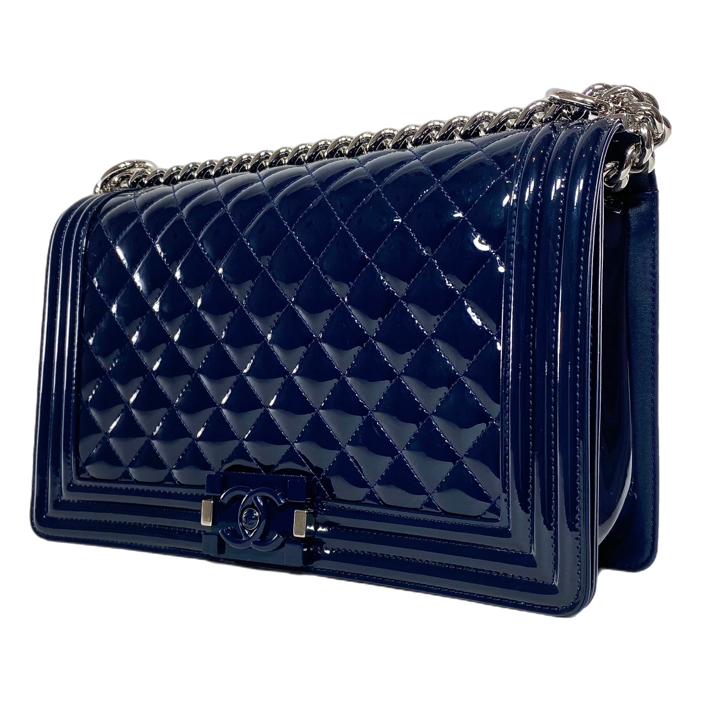 Chanel Navy Patent Old Medium Boy Bag
