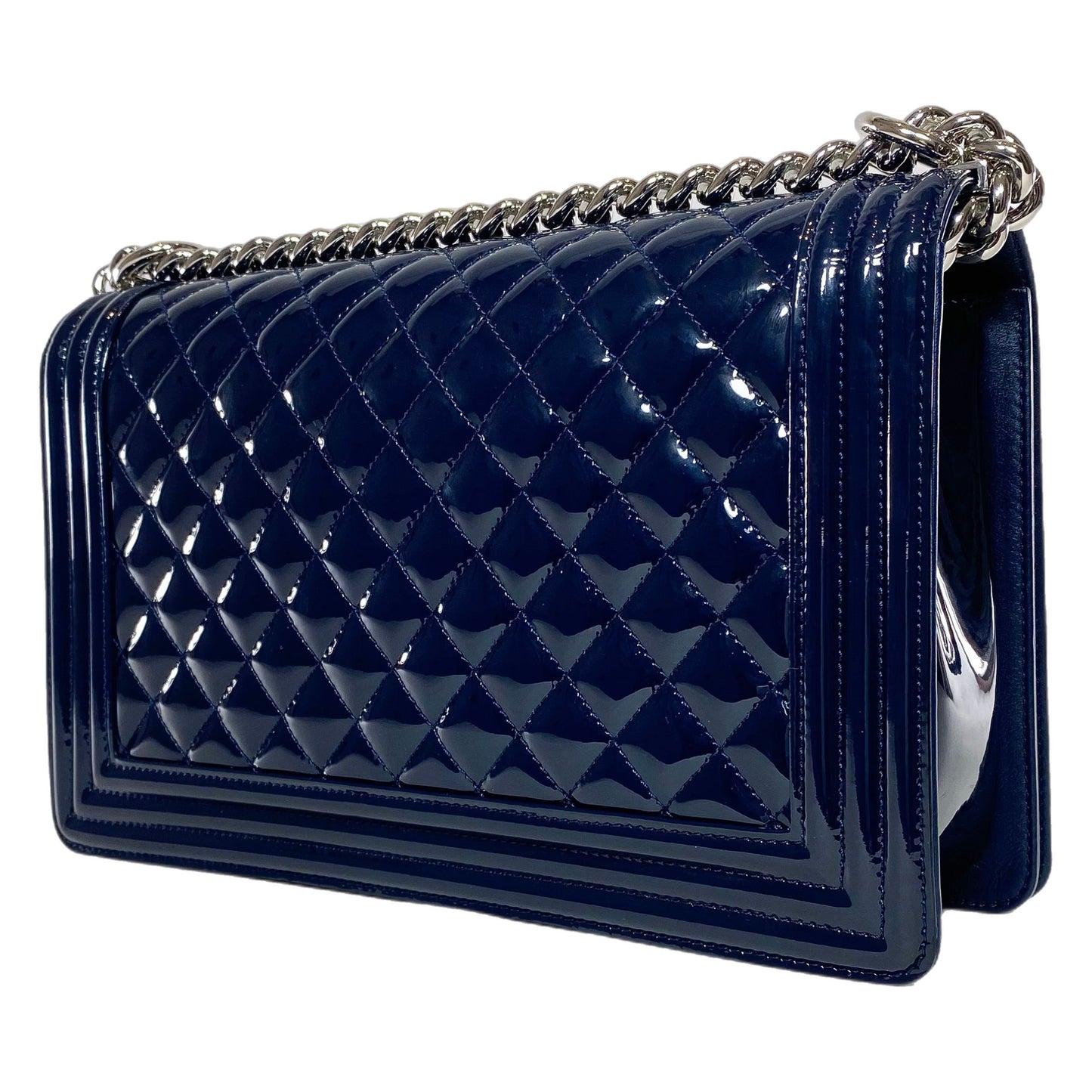 Chanel Navy Patent Old Medium Boy Bag