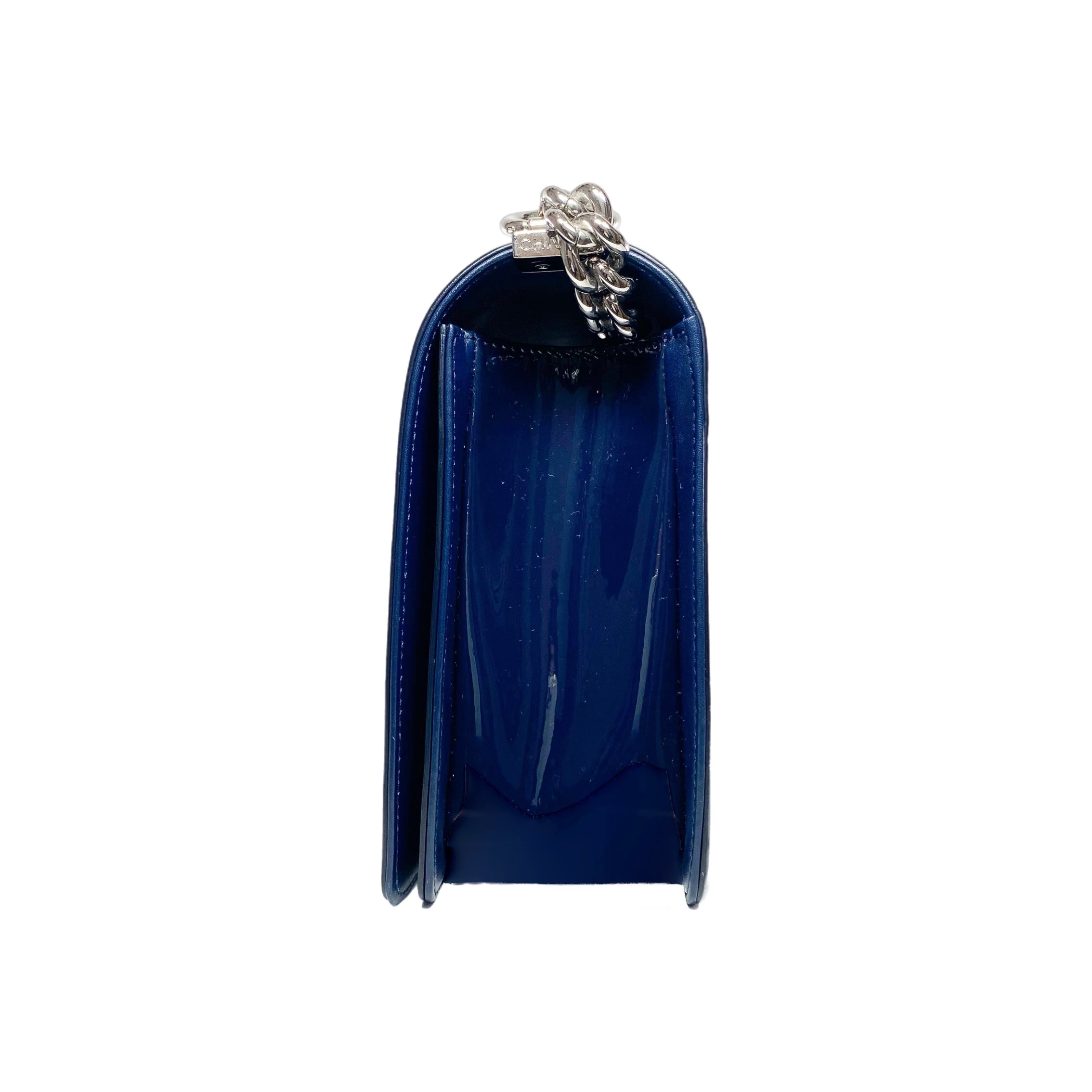 Chanel Navy Patent Old Medium Boy Bag