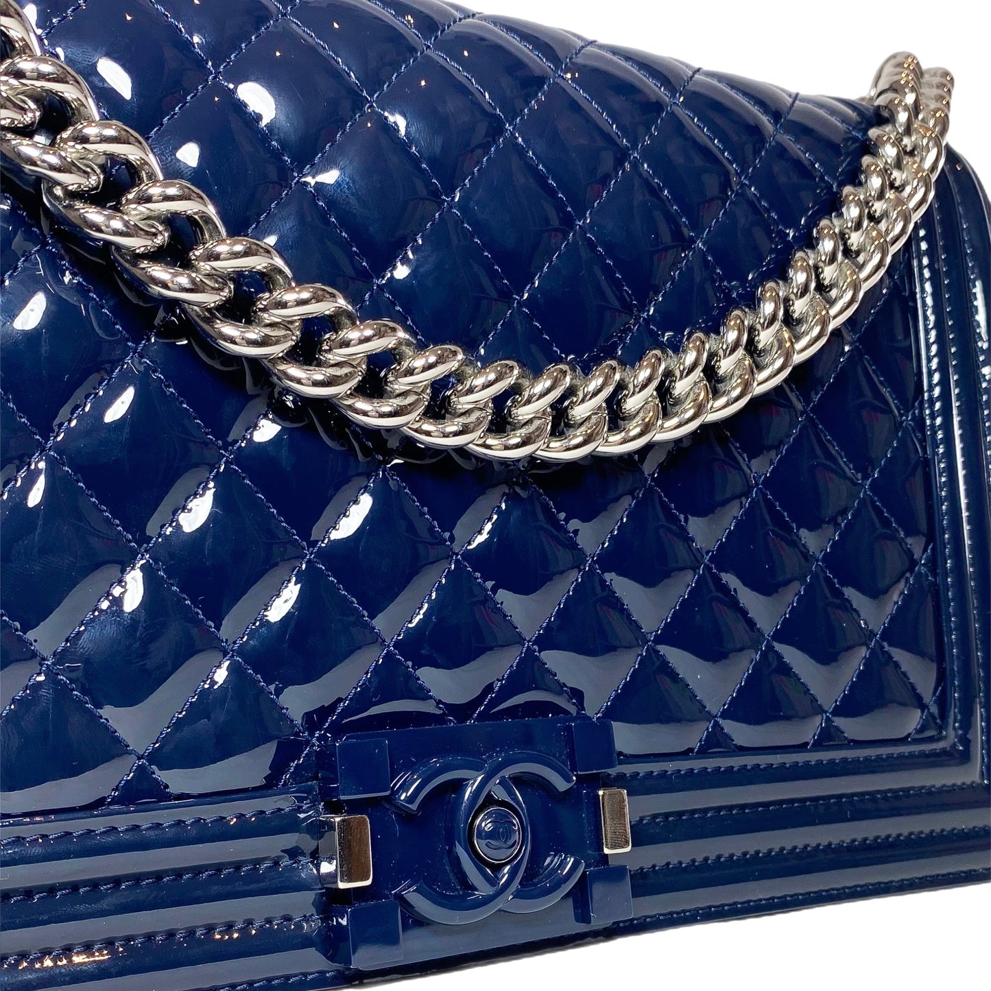 Chanel Navy Patent Old Medium Boy Bag