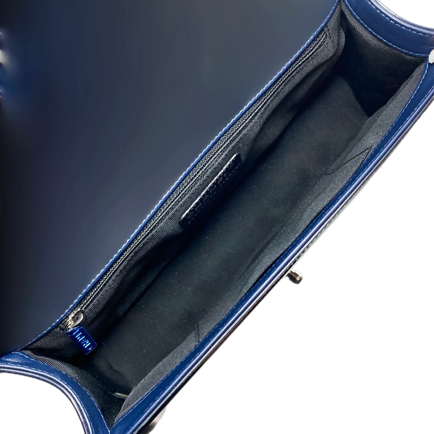 Chanel Navy Patent Old Medium Boy Bag