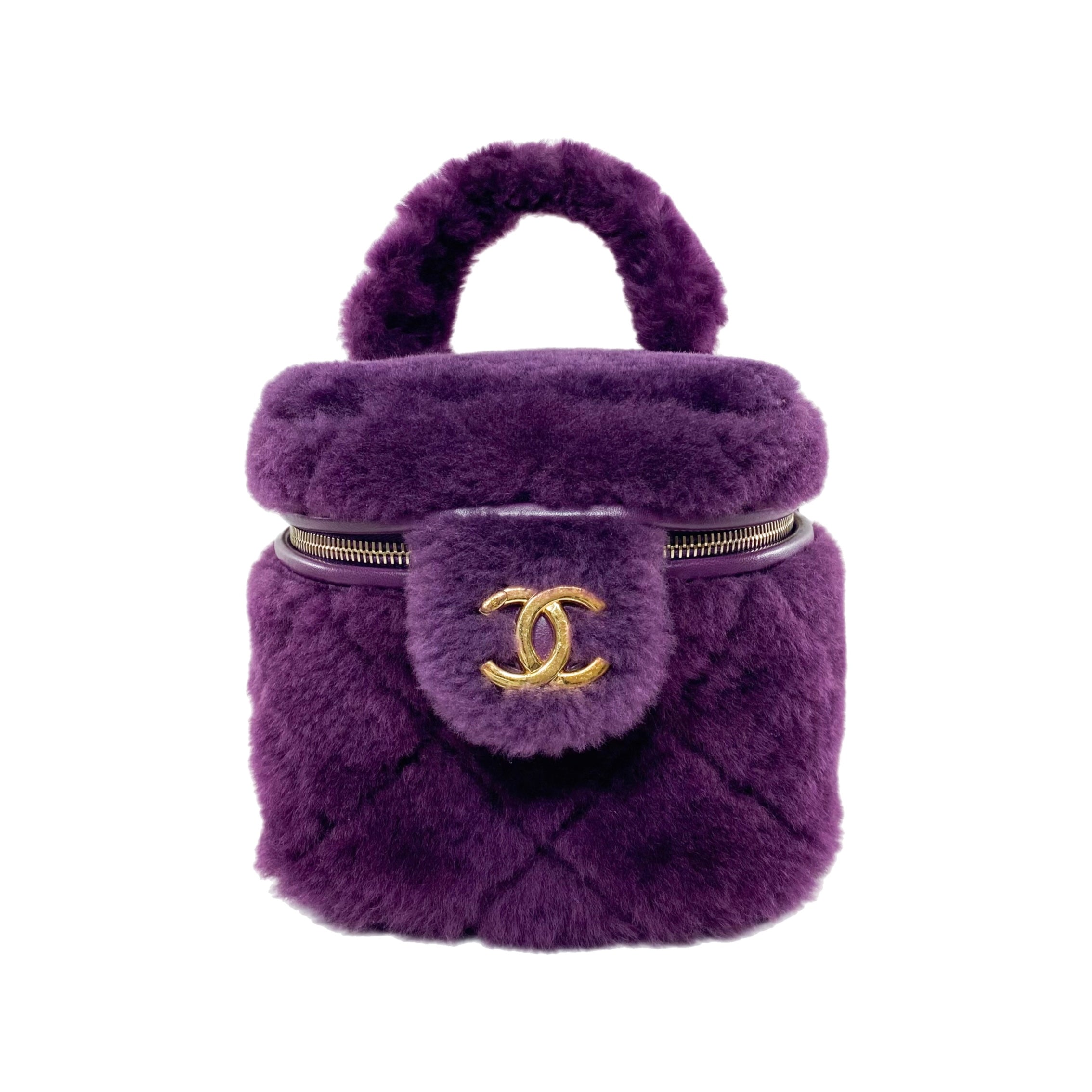 Chanel Small Quilted Purple Shearling Top Handle Vanity Bag