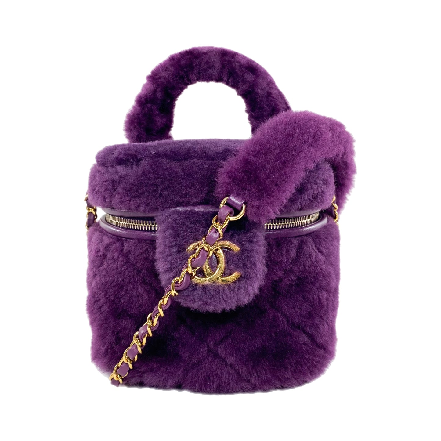 Chanel Small Quilted Purple Shearling Top Handle Vanity Bag