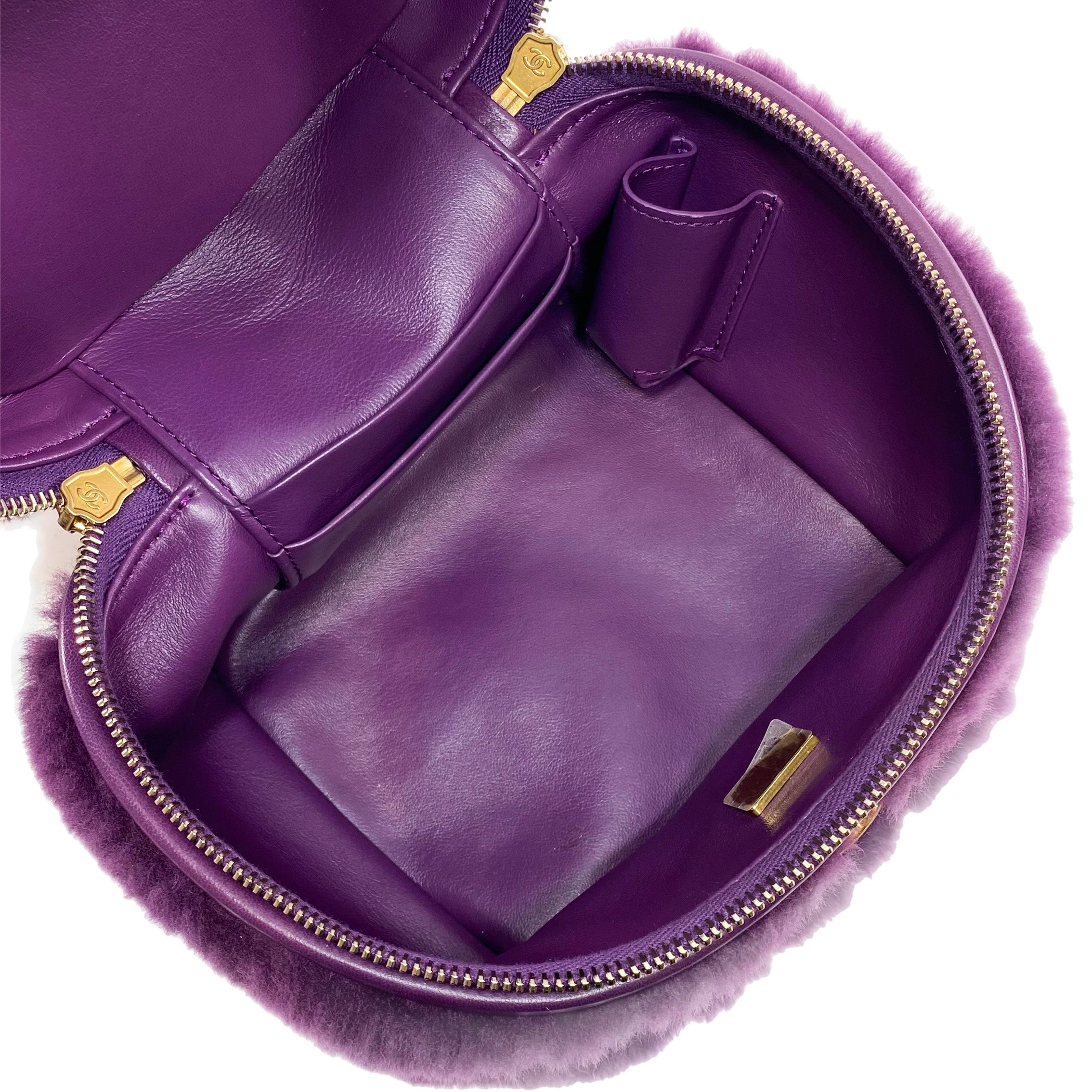 Chanel Small Quilted Purple Shearling Top Handle Vanity Bag