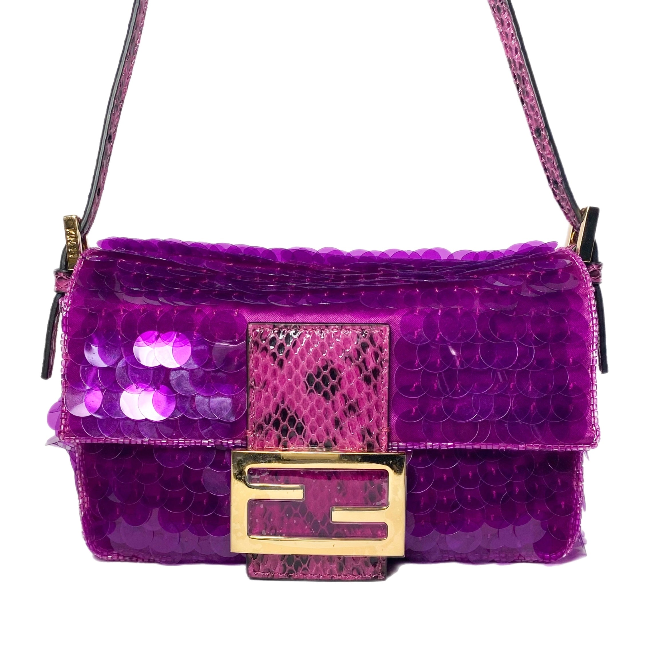 Fendi Dark Pink Satin Sequin Paillettes Snakeskin Mini Baguette 1997