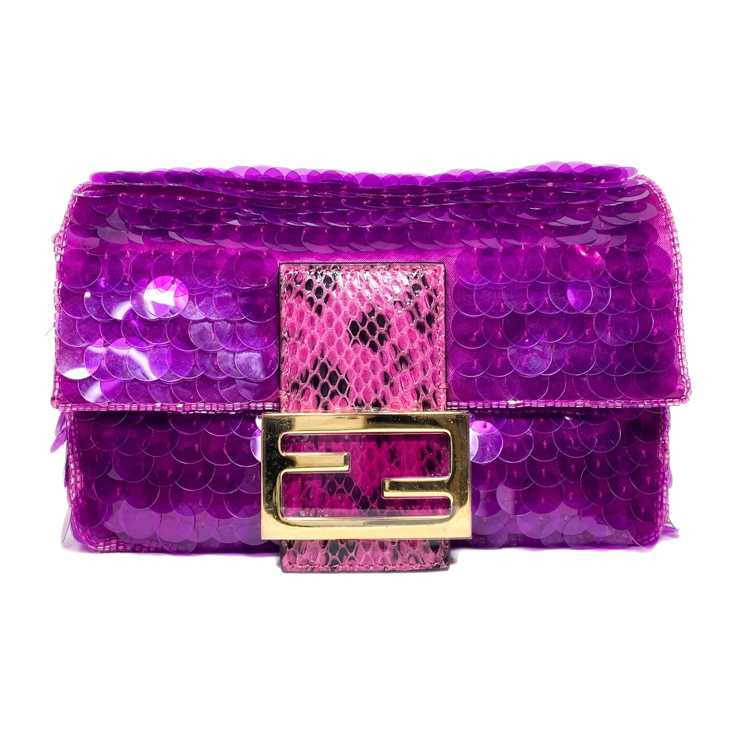 Fendi Dark Pink Satin Sequin Paillettes Snakeskin Mini Baguette 1997