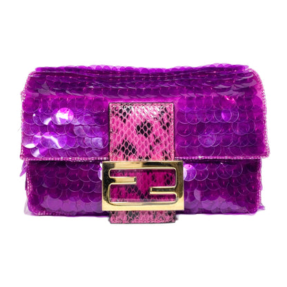 Fendi Dark Pink Satin Sequin Paillettes Snakeskin Mini Baguette 1997