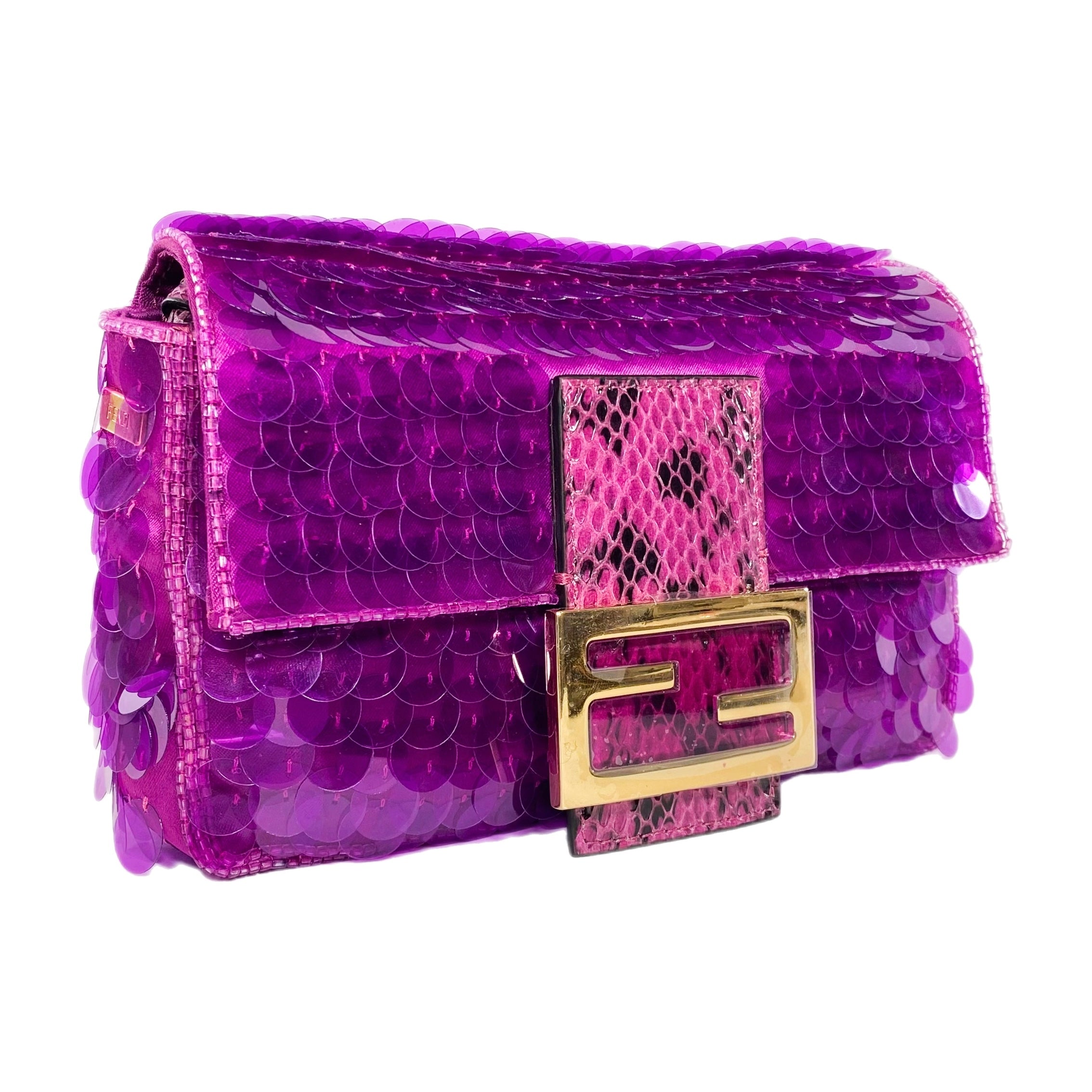 Fendi Dark Pink Satin Sequin Paillettes Snakeskin Mini Baguette 1997