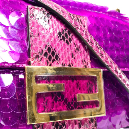 Fendi Dark Pink Satin Sequin Paillettes Snakeskin Mini Baguette 1997