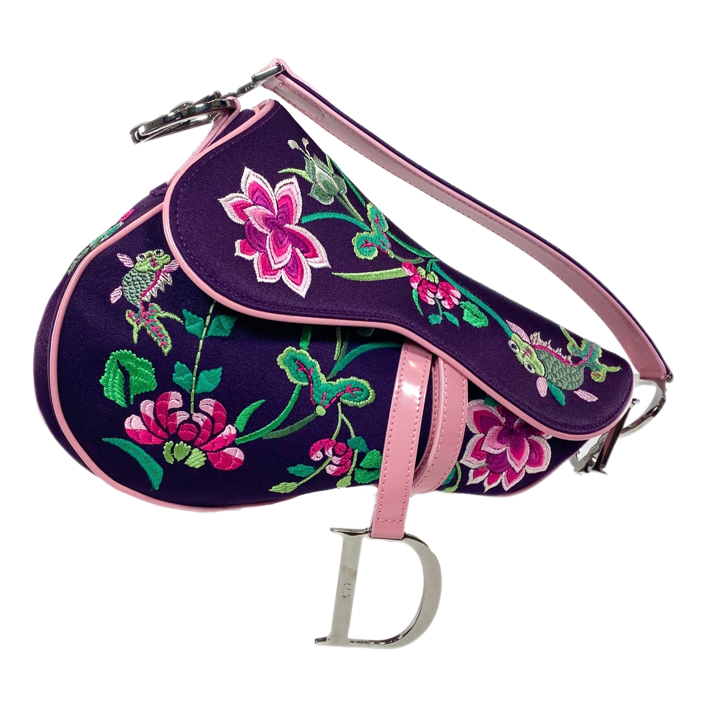 Dior Purple Flower Embroidered Saddle Bag