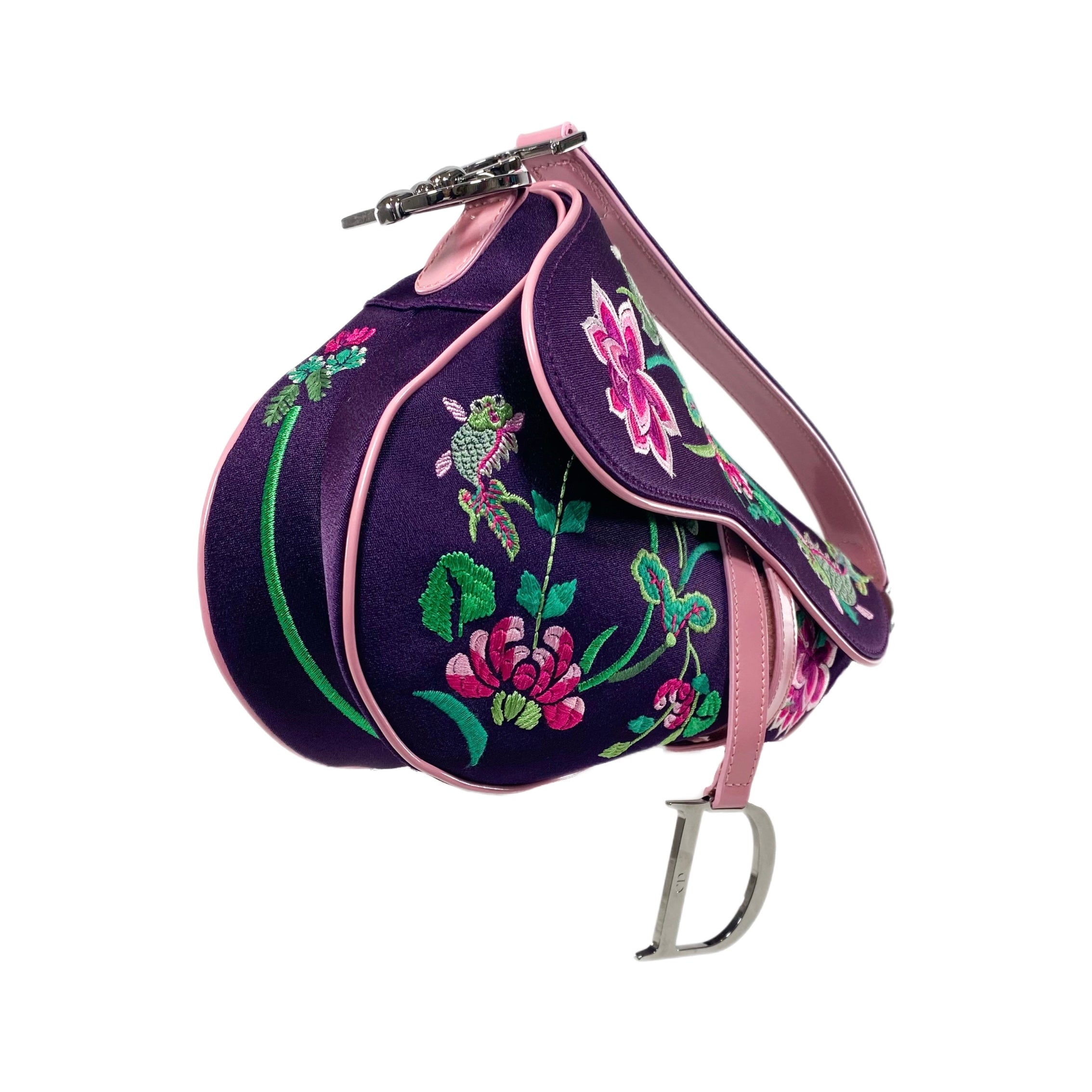 Dior Purple Flower Embroidered Saddle Bag