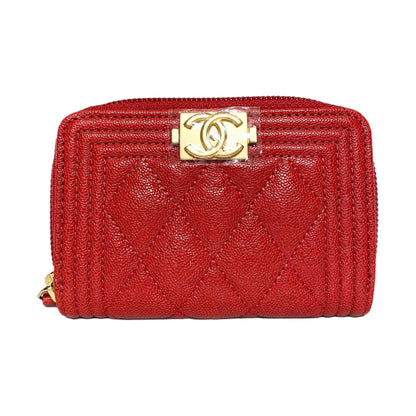 Chanel Red Boy Zip Around Coin Purse Wallet
