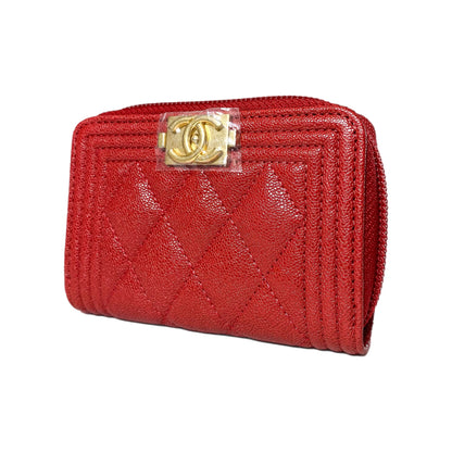 Chanel Red Boy Zip Around Coin Purse Wallet