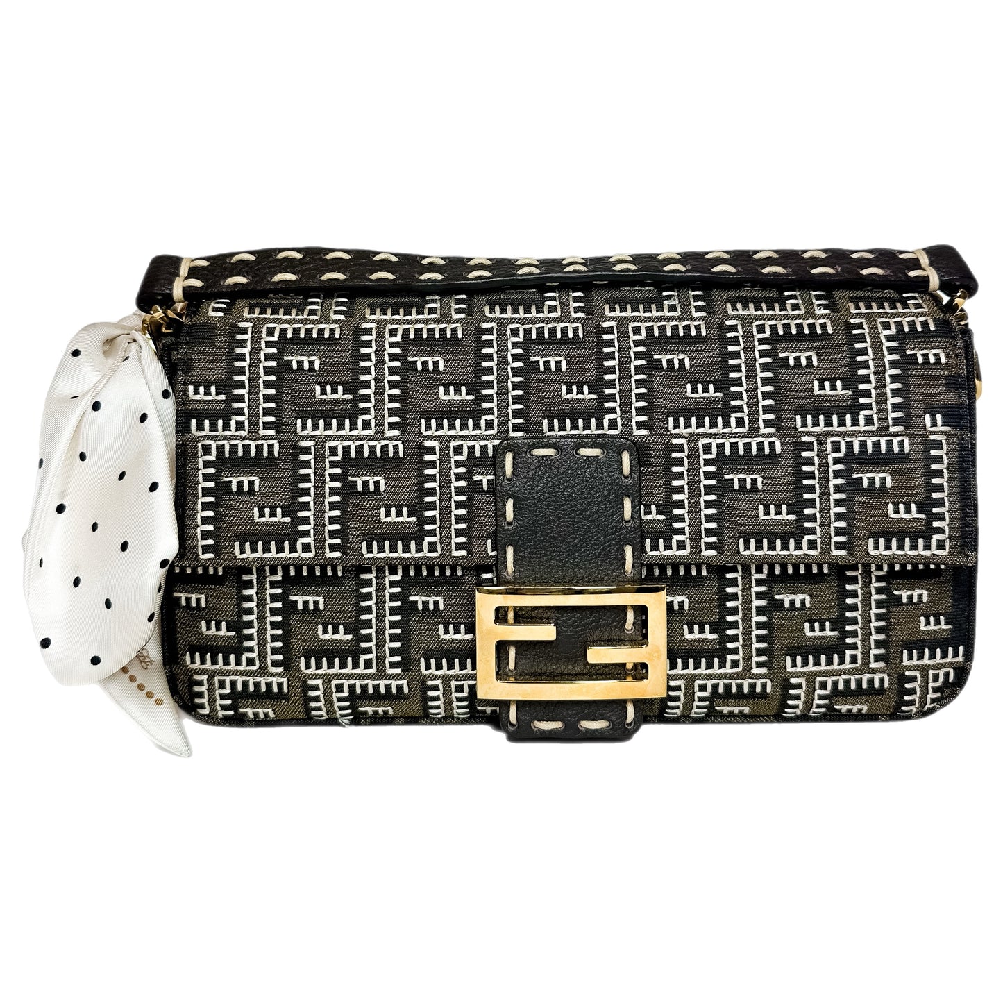 Fendi Tobacco Ebano FF Logo Embroidered Romano Sellaria Baguette