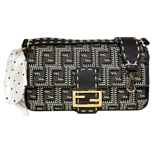 Fendi Tobacco Ebano FF Logo Embroidered Romano Sellaria Baguette