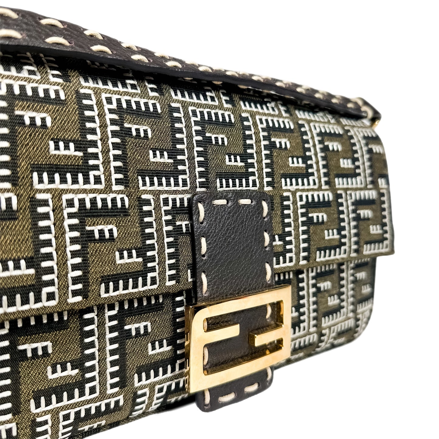 Fendi Tobacco Ebano FF Logo Embroidered Romano Sellaria Baguette
