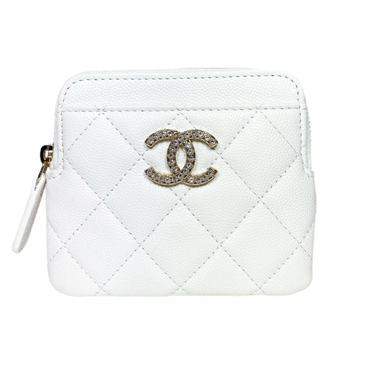 Chanel White Quilted Crystal Zip Card Holder Wallet