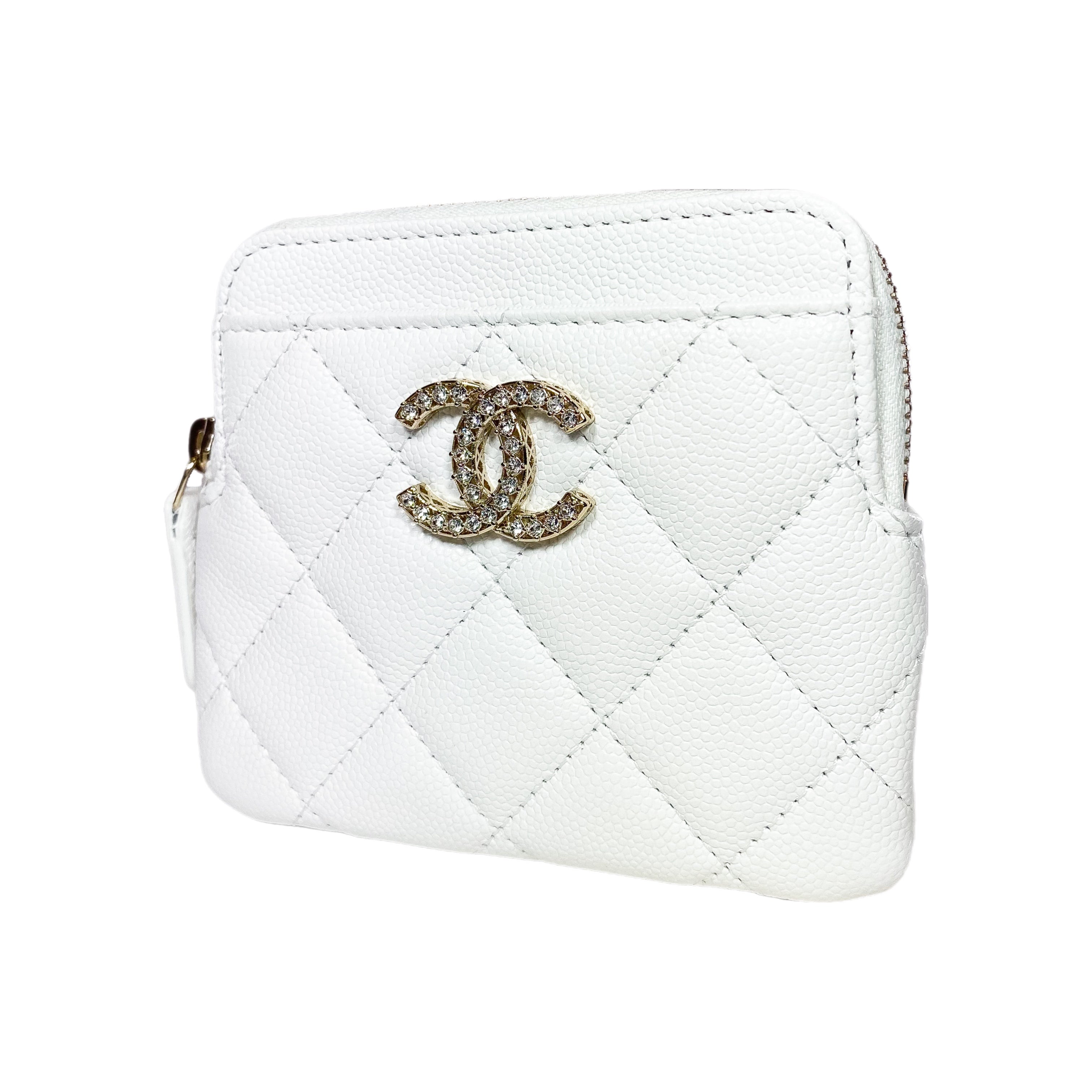 Chanel White Quilted Crystal Zip Card Holder Wallet Consign of the Times