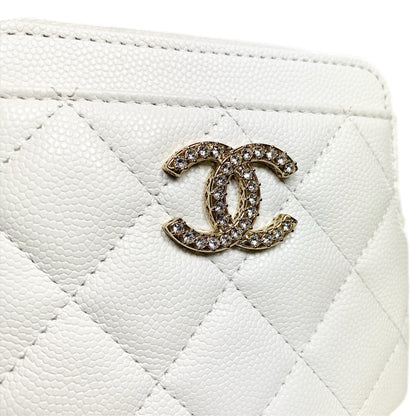 Chanel White Quilted Crystal Zip Card Holder Wallet
