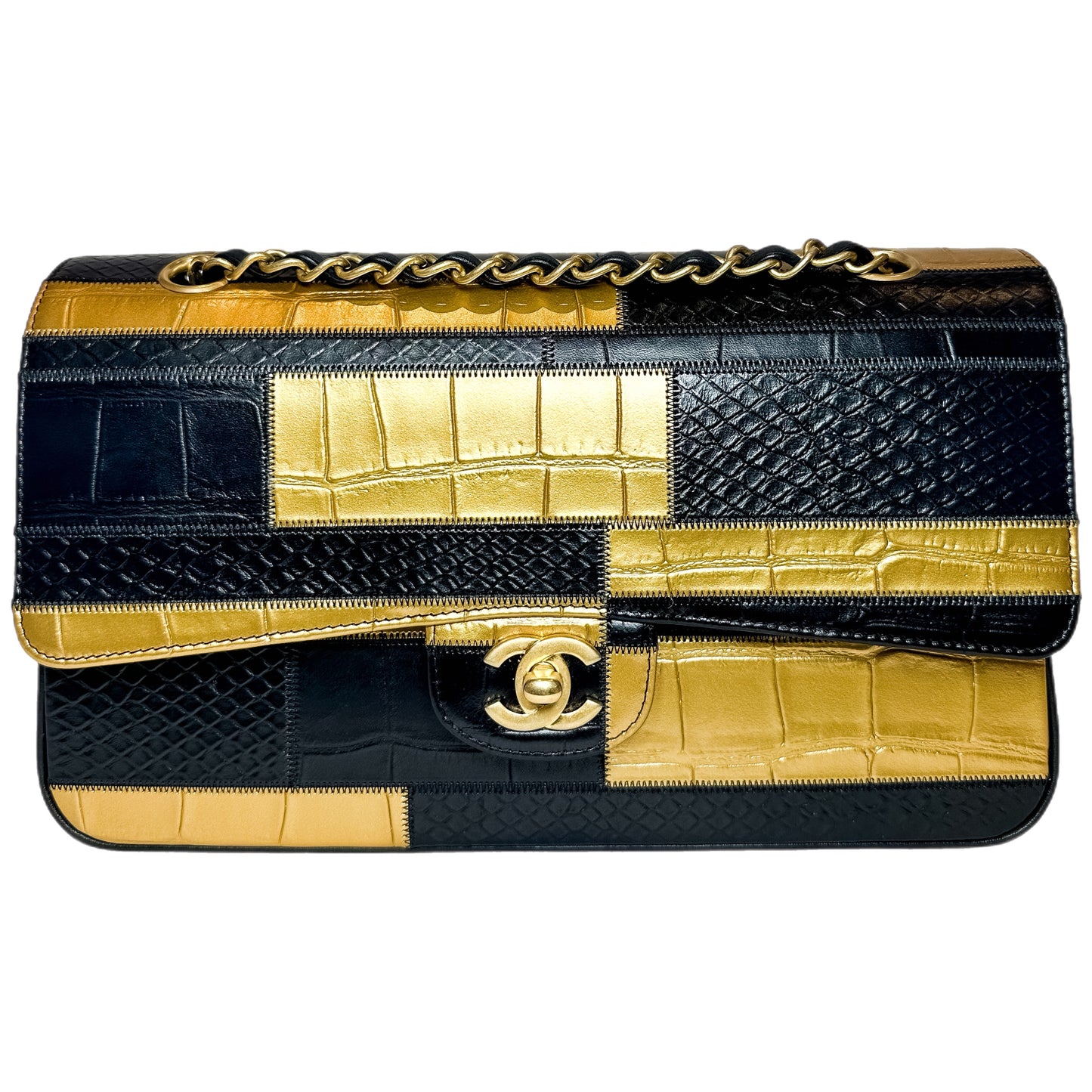 Chanel Black Gold Egypt Crocodile Python Embossed Medium Flap Bag