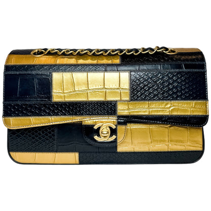 Chanel Black Gold Egypt Crocodile Python Embossed Medium Flap Bag