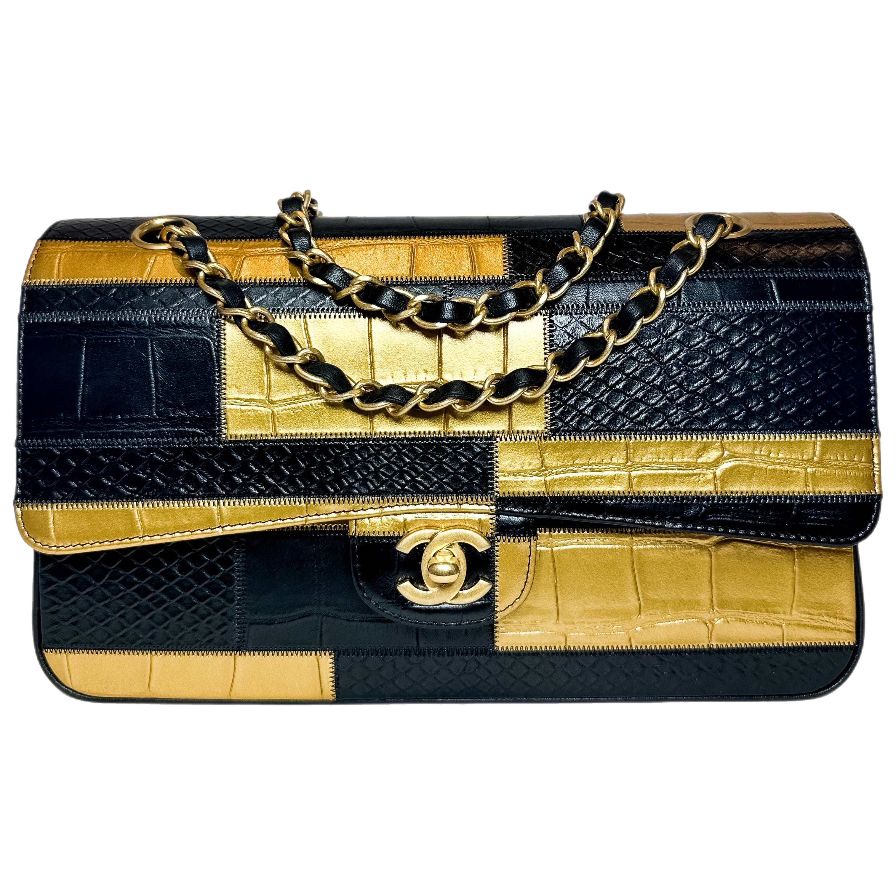 Chanel Black Gold Egypt Crocodile Python Embossed Medium Flap Bag