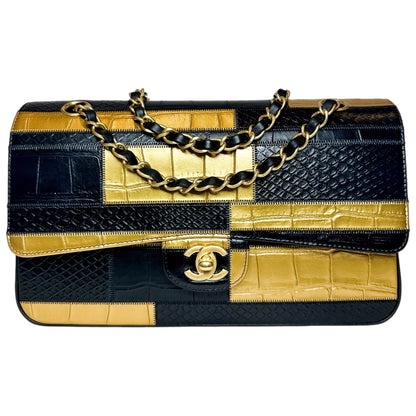 Chanel Black Gold Egypt Crocodile Python Embossed Medium Flap Bag
