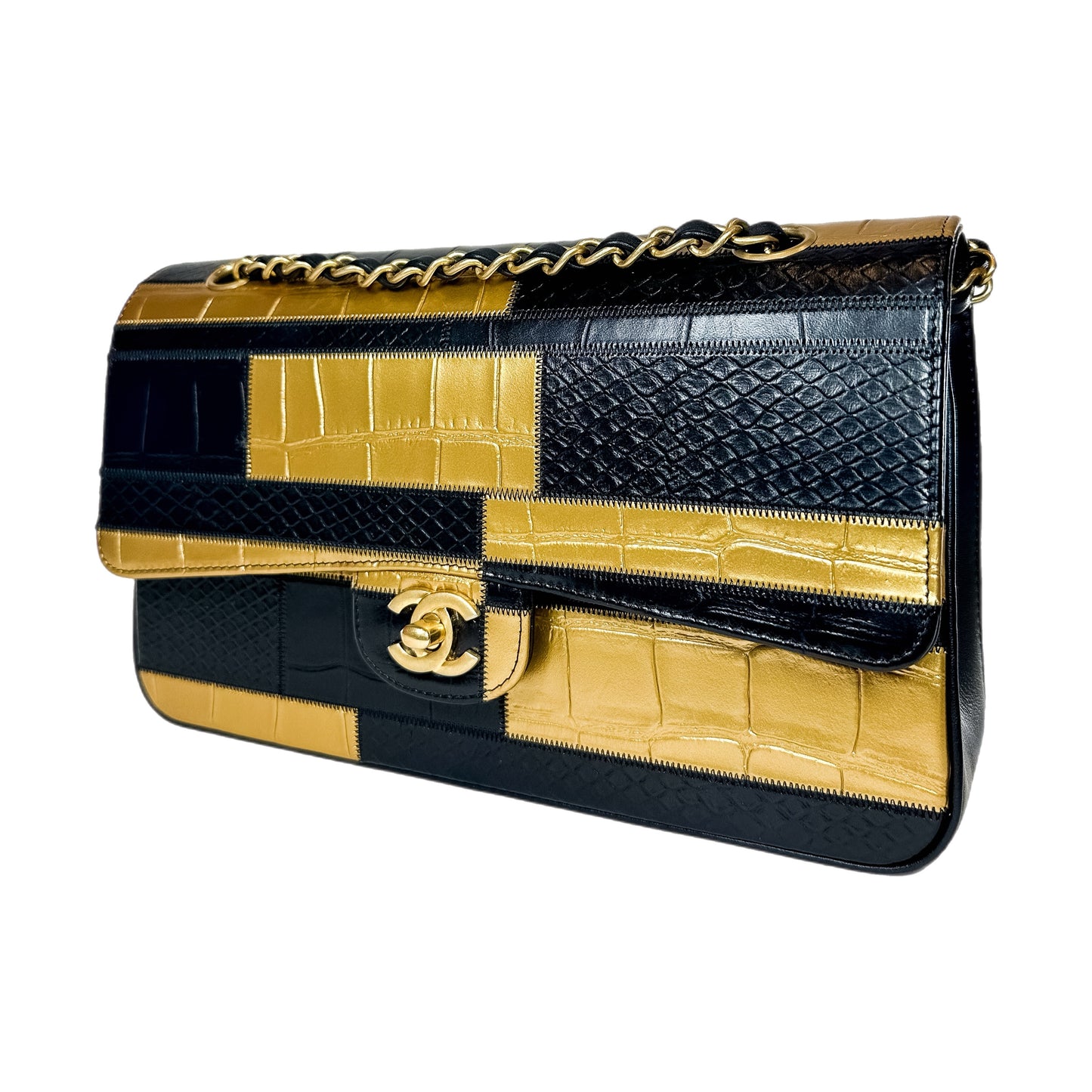 Chanel Black Gold Egypt Crocodile Python Embossed Medium Flap Bag