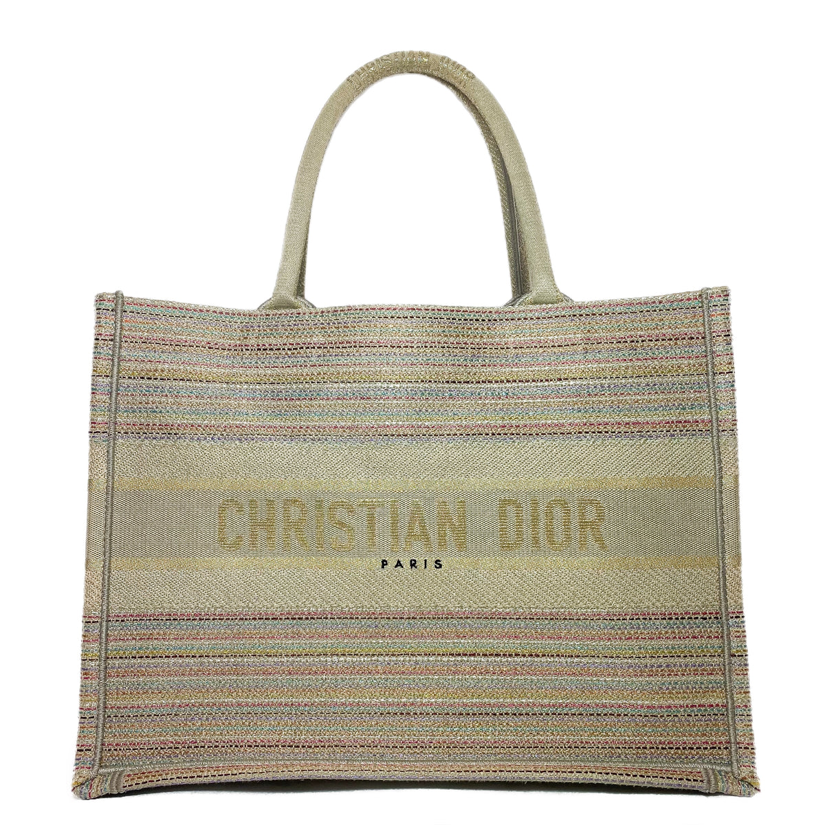 Dior Medium Beige Multicolor Stripes Embroidered Canvas Book Tote 
