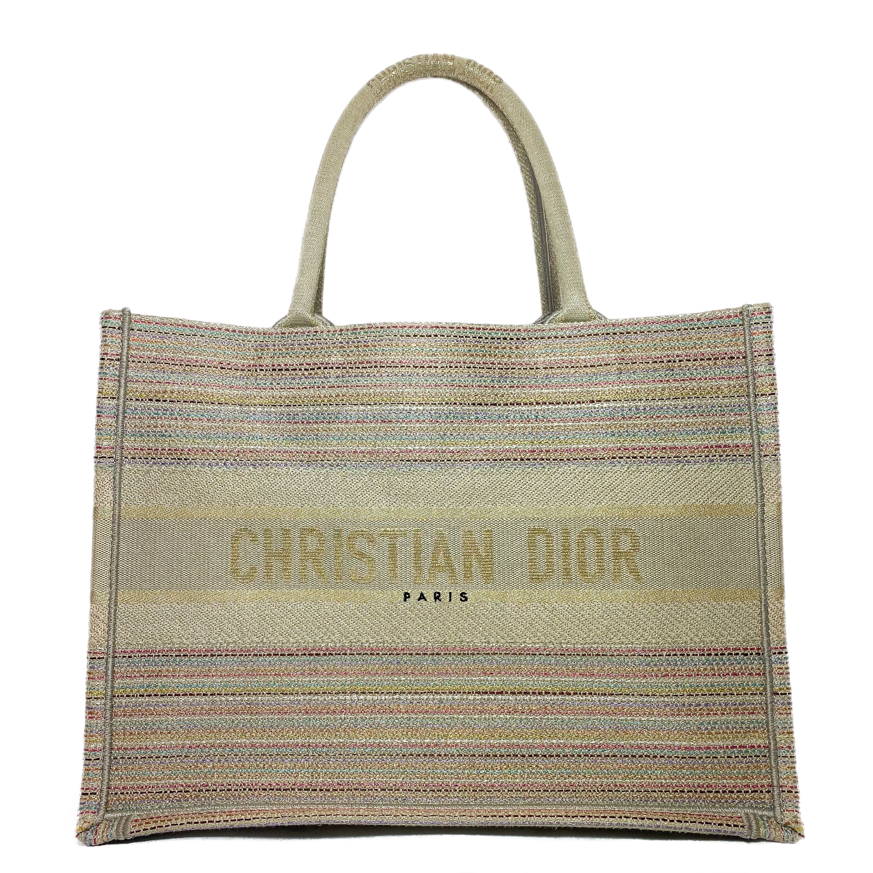 Dior Medium Beige Multicolor Stripes Embroidered Canvas Book Tote