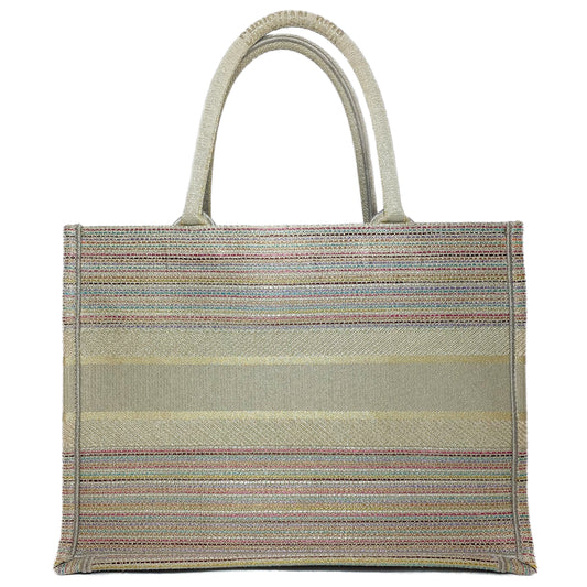 Dior Medium Beige Multicolor Stripes Embroidered Canvas Book Tote