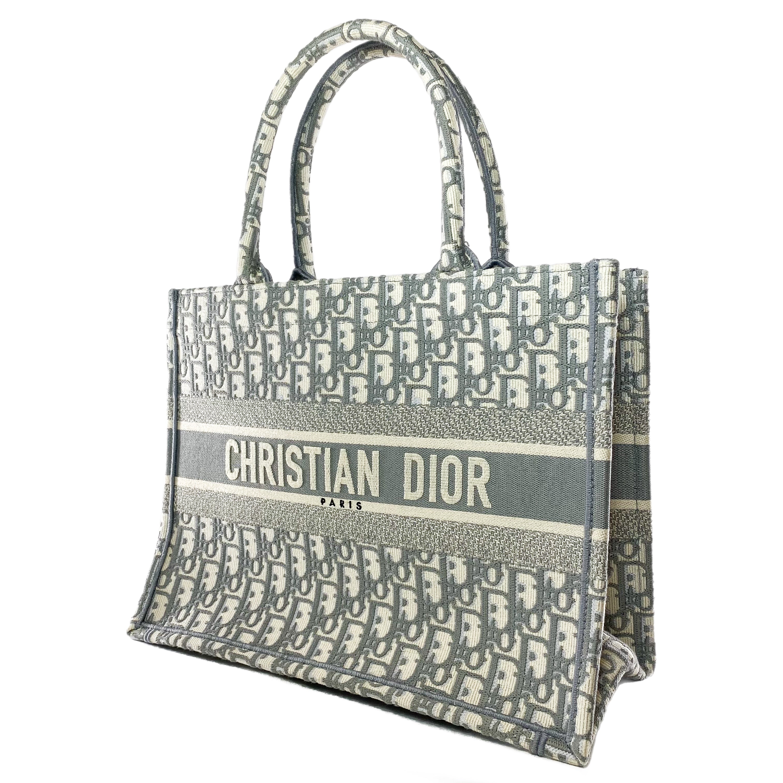 Dior Medium Ecru Gray Oblique Embroidered Book Tote