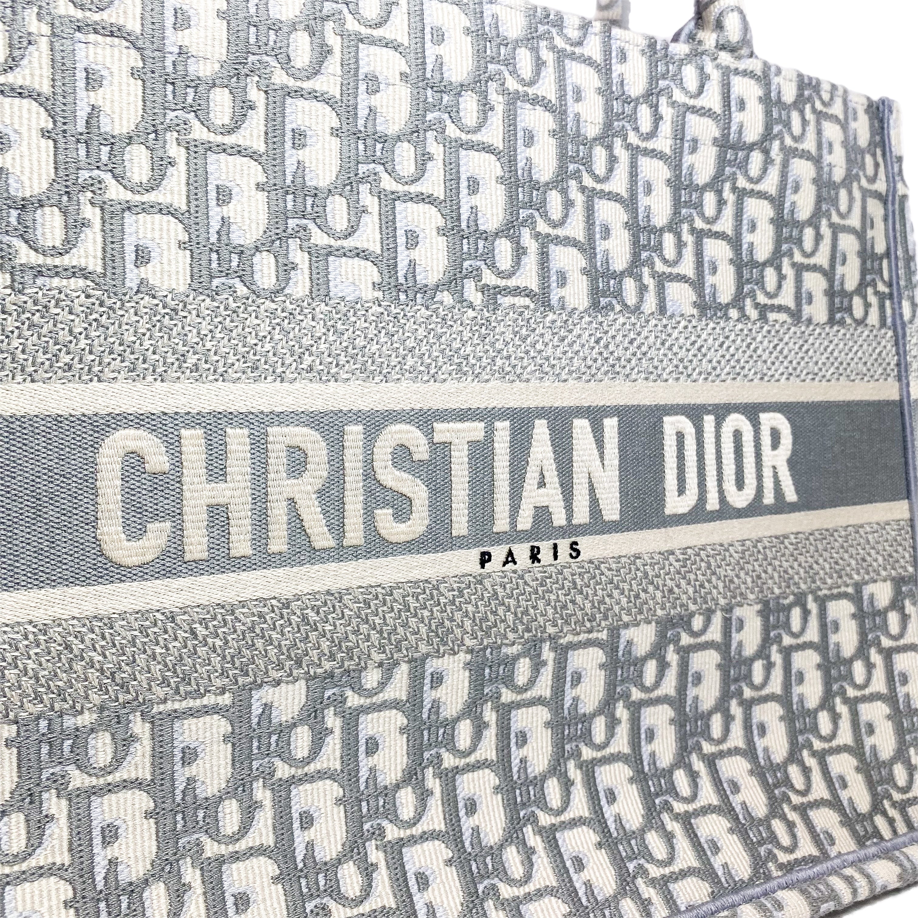 Dior Medium Ecru Gray Oblique Embroidered Book Tote