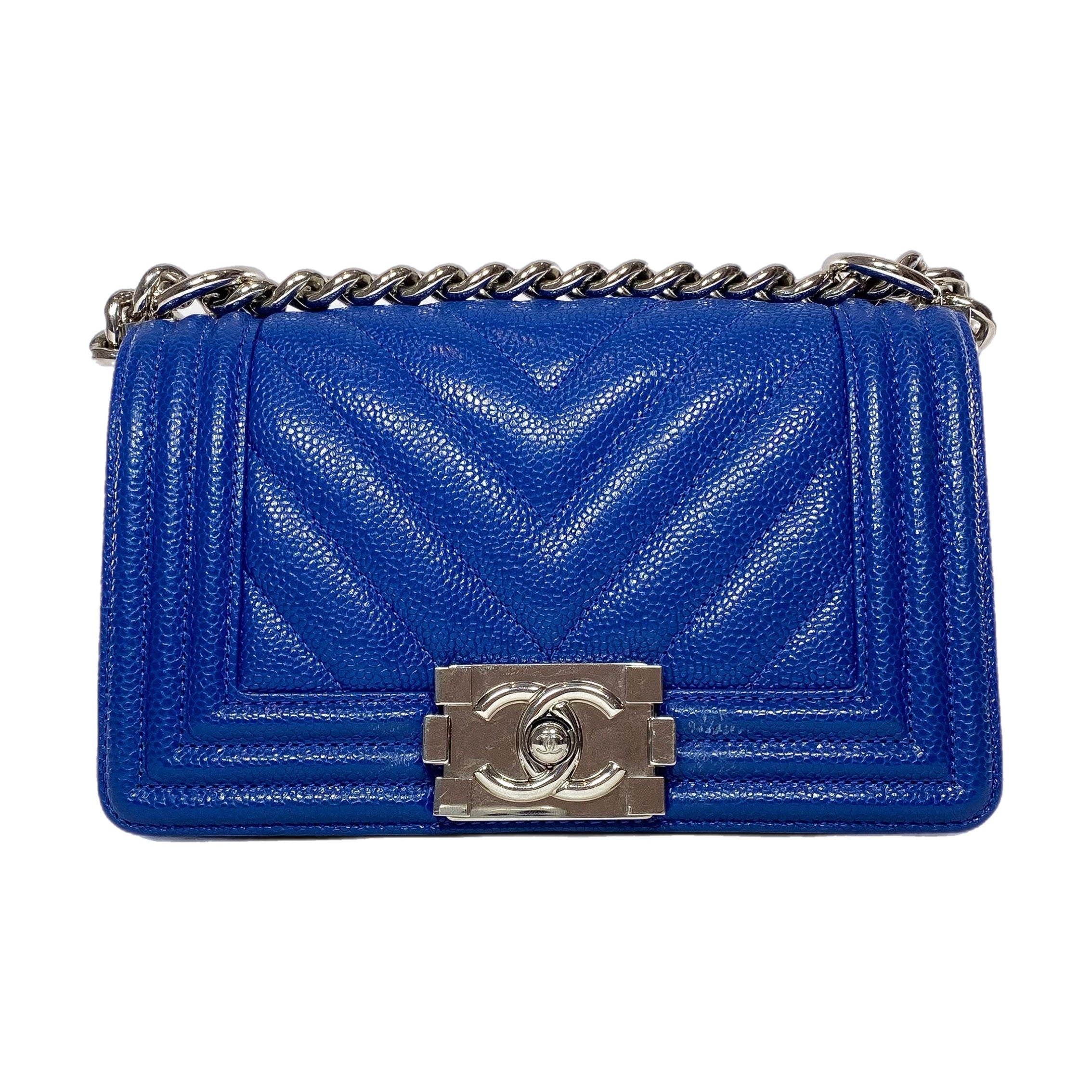 Chanel Blue Chevron Caviar Small Boy Flap Bag