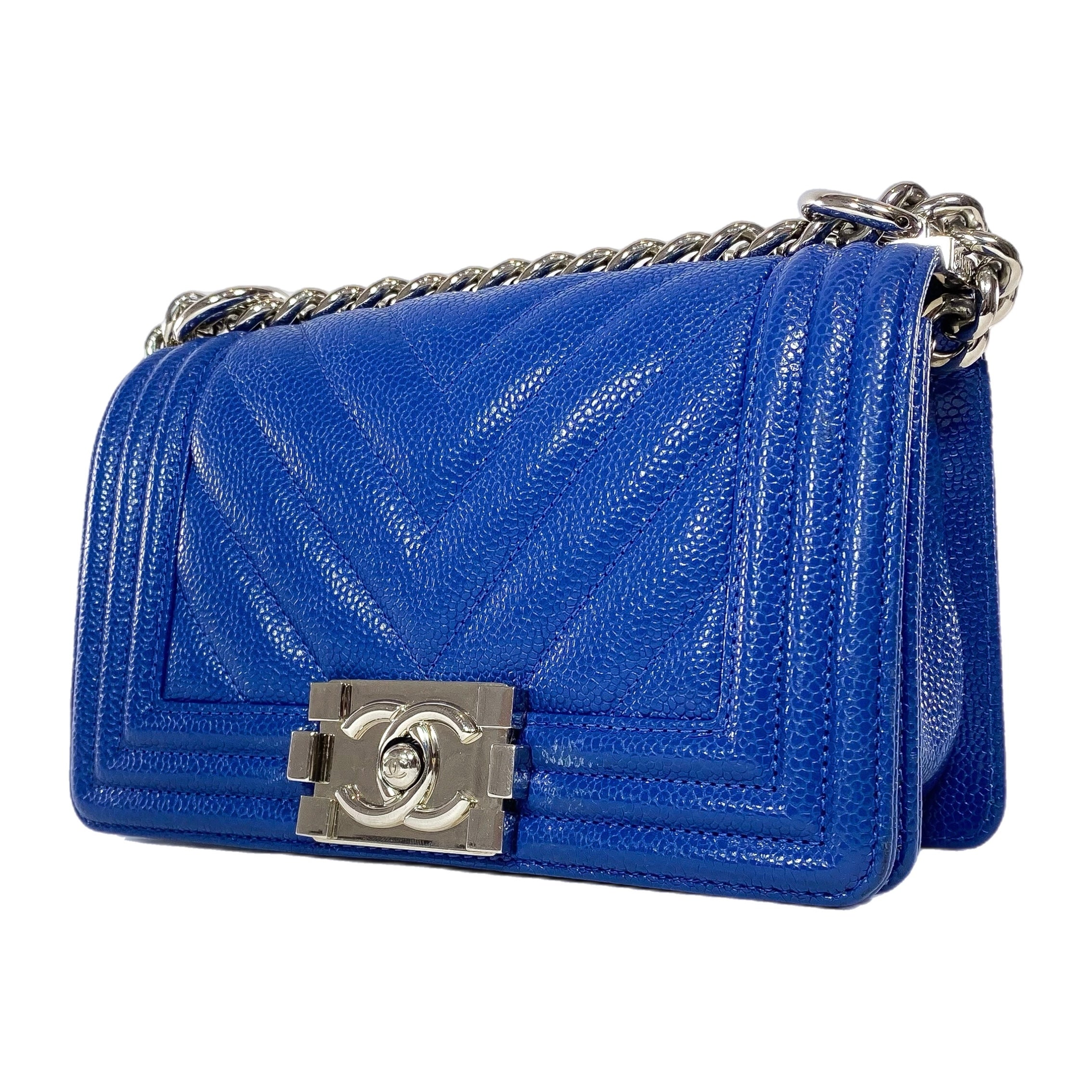 Chanel Blue Chevron Caviar Small Boy Flap Bag