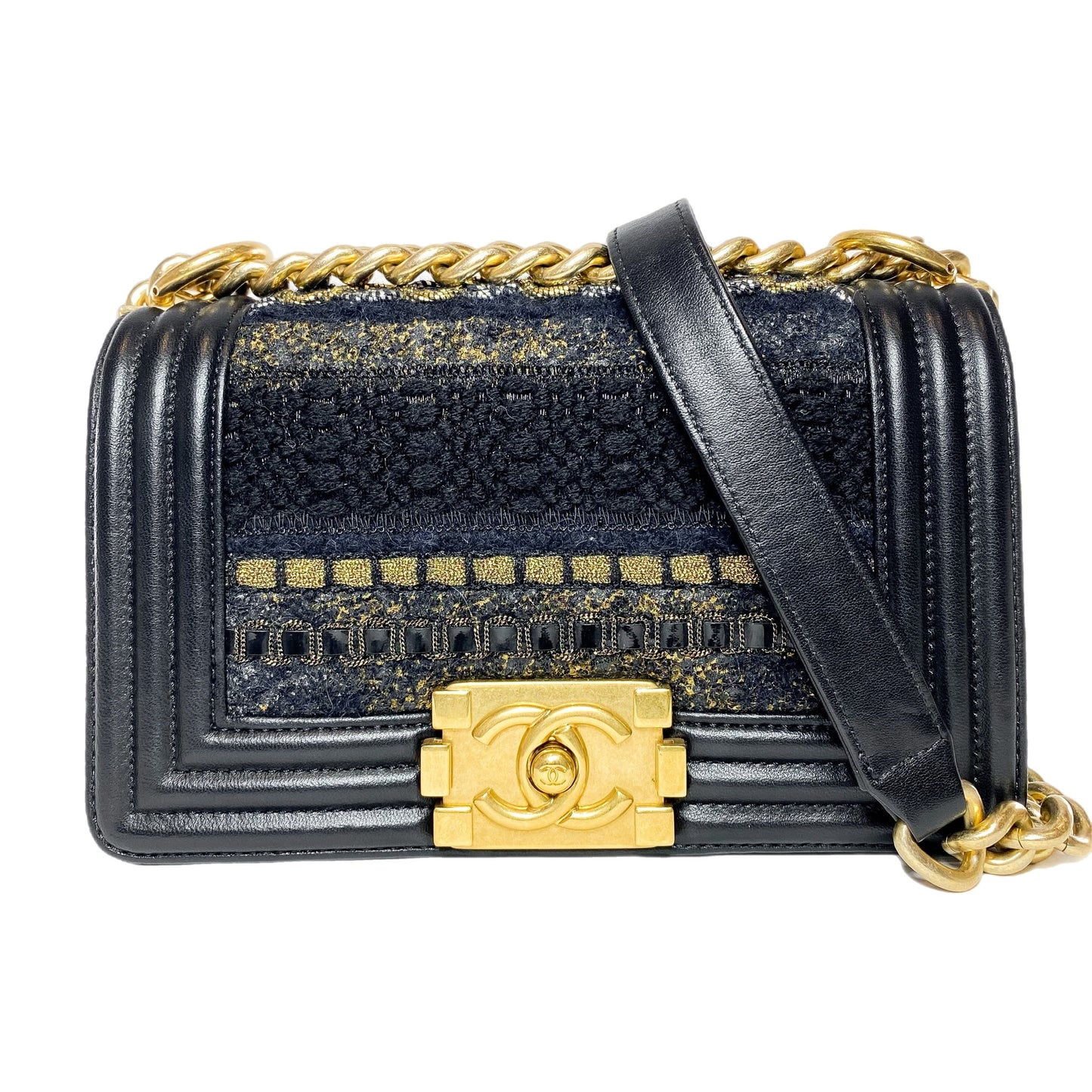 Chanel Black Embellished Tweed Small Boy Bag