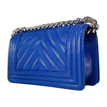 Chanel Blue Chevron Caviar Small Boy Flap Bag