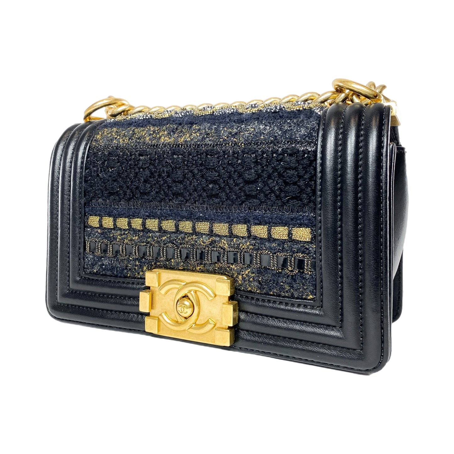 Chanel Black Embellished Tweed Small Boy Bag
