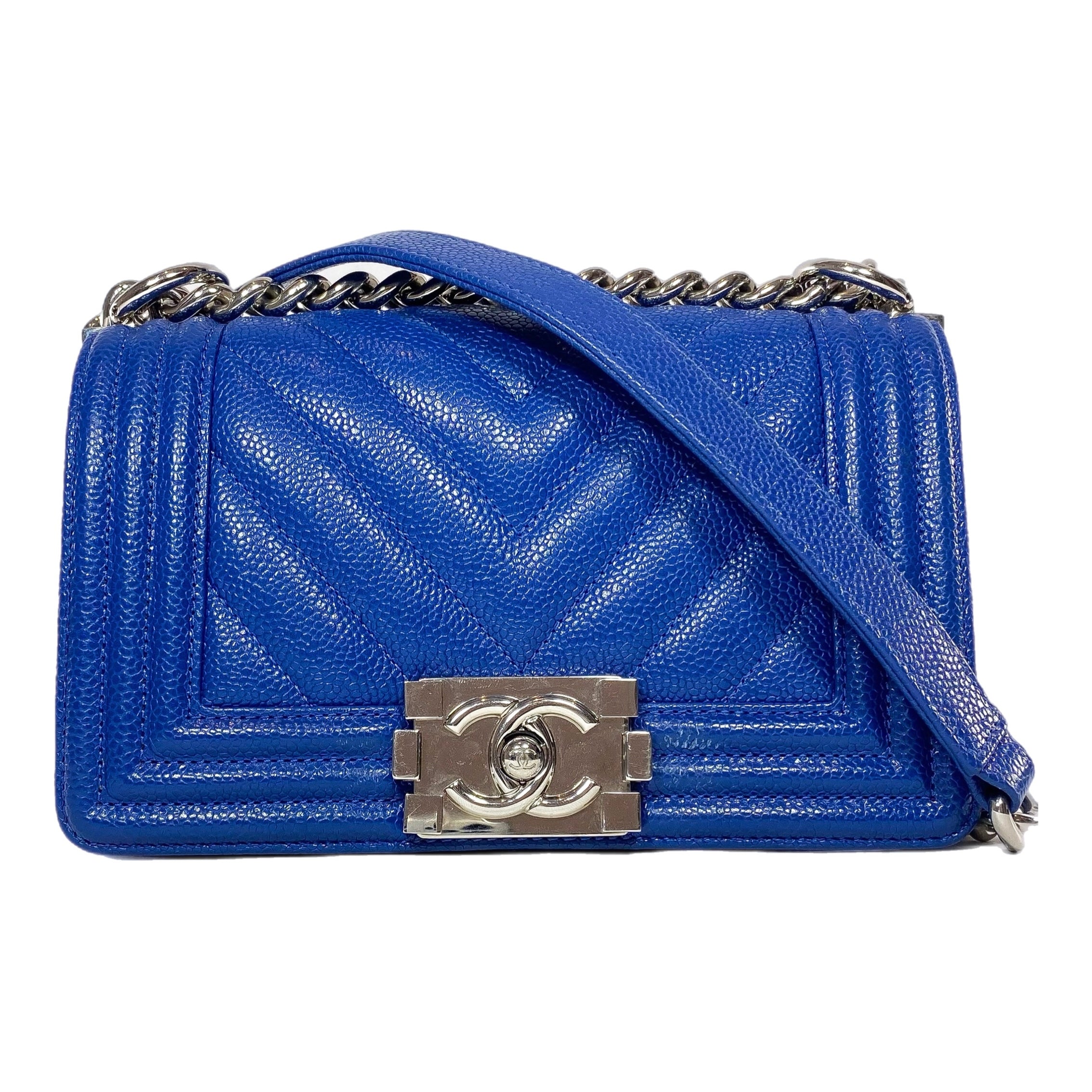 Chanel Blue Chevron Caviar Small Boy Flap Bag