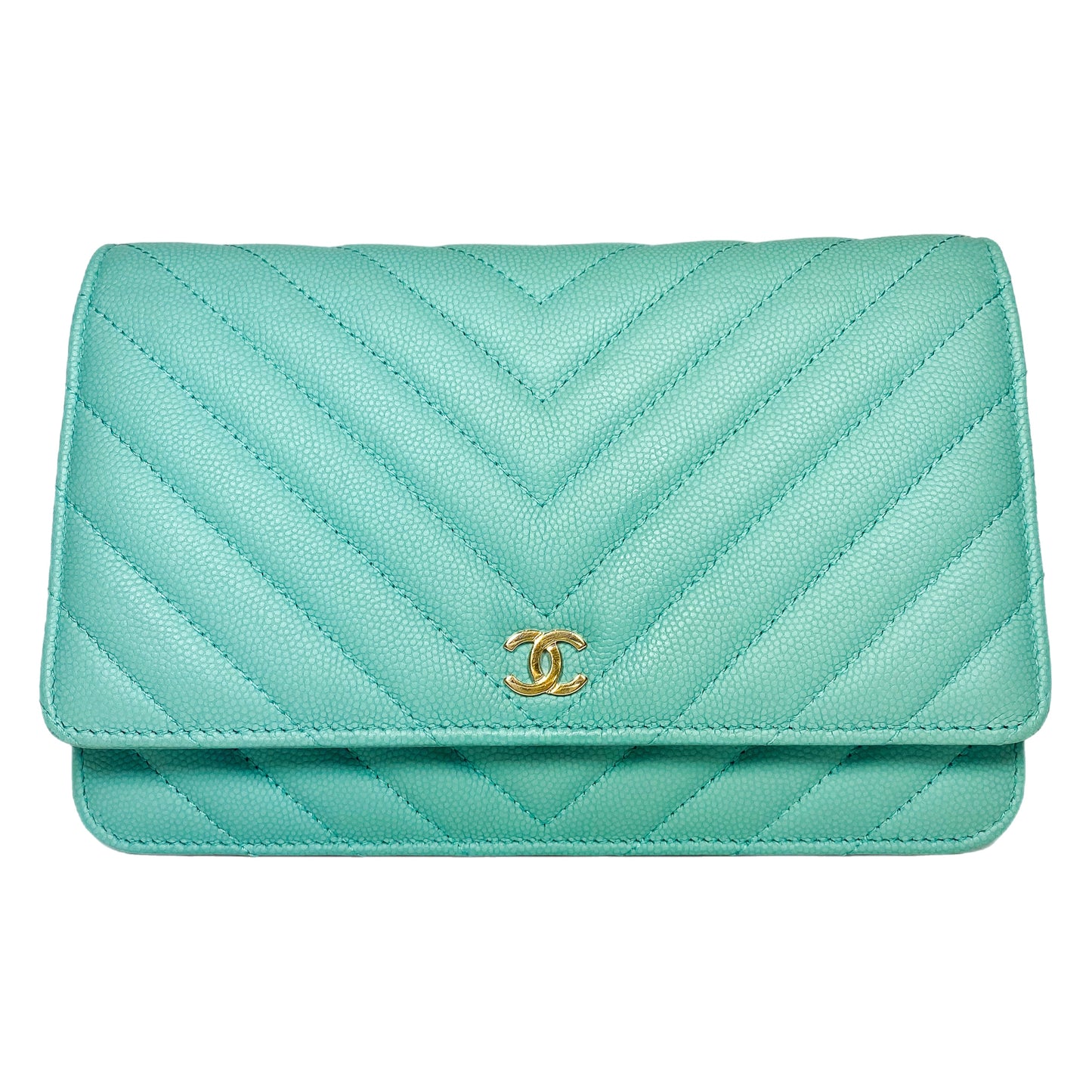 Chanel Aqua Blue Chevron Caviar Wallet on Chain