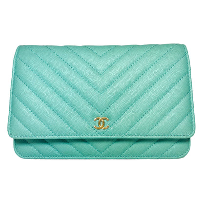 Chanel Aqua Blue Chevron Caviar Wallet on Chain
