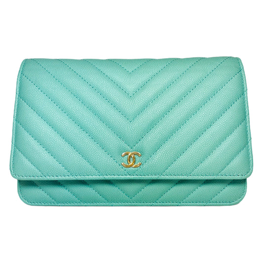 Chanel Aqua Blue Chevron Caviar Wallet on Chain