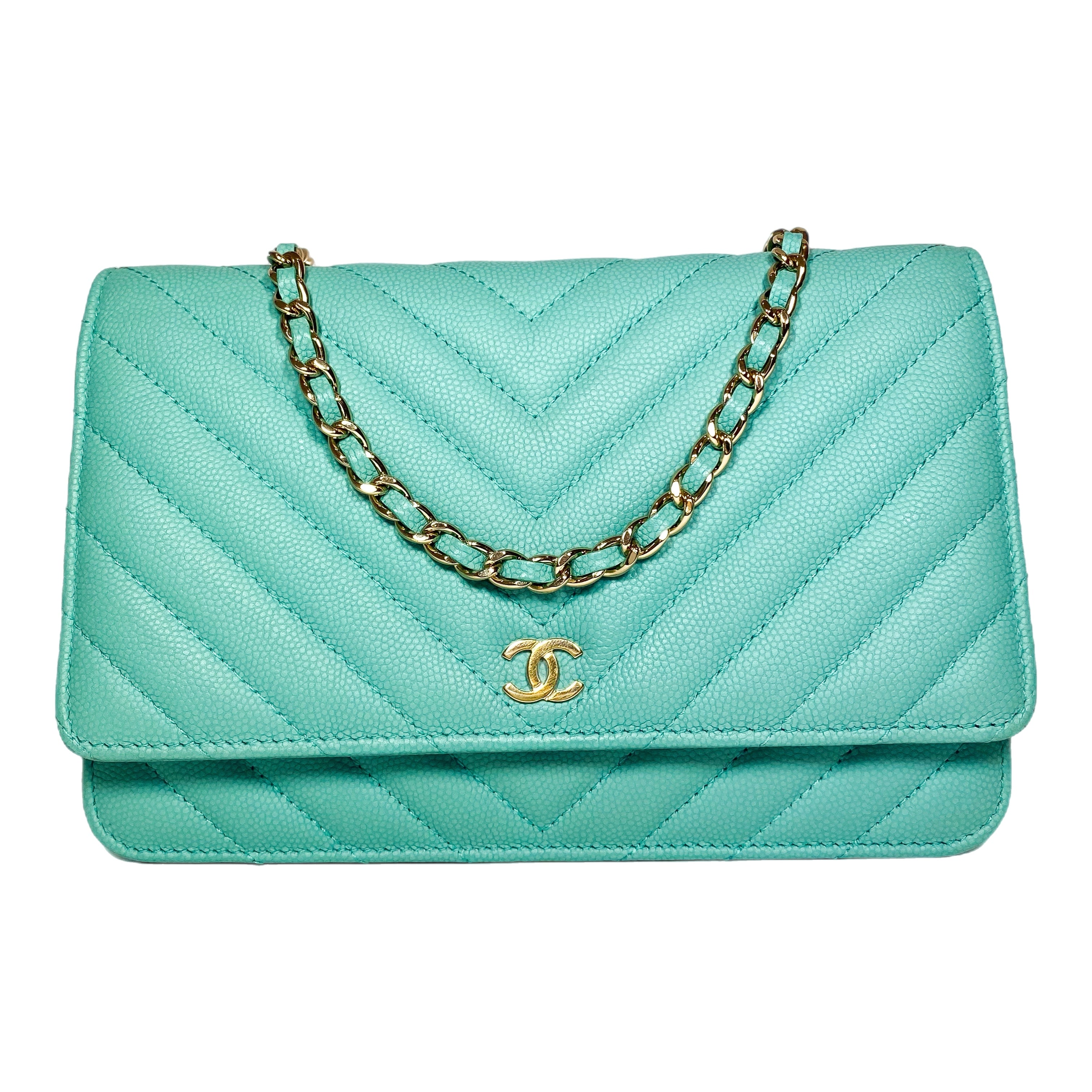 Chanel Aqua Blue Chevron Caviar Wallet on Chain