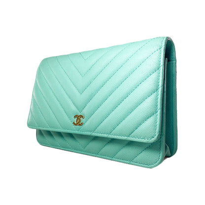 Chanel Aqua Blue Chevron Caviar Wallet on Chain